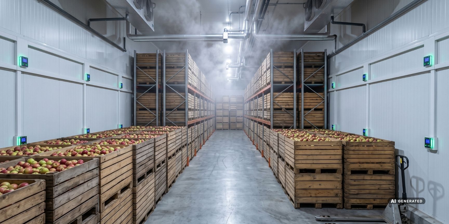 Interior view of an ULO warehouse: Stacked apple crates in artificial hibernation, enveloped in fine ultrasonic mist and surveillance technology.